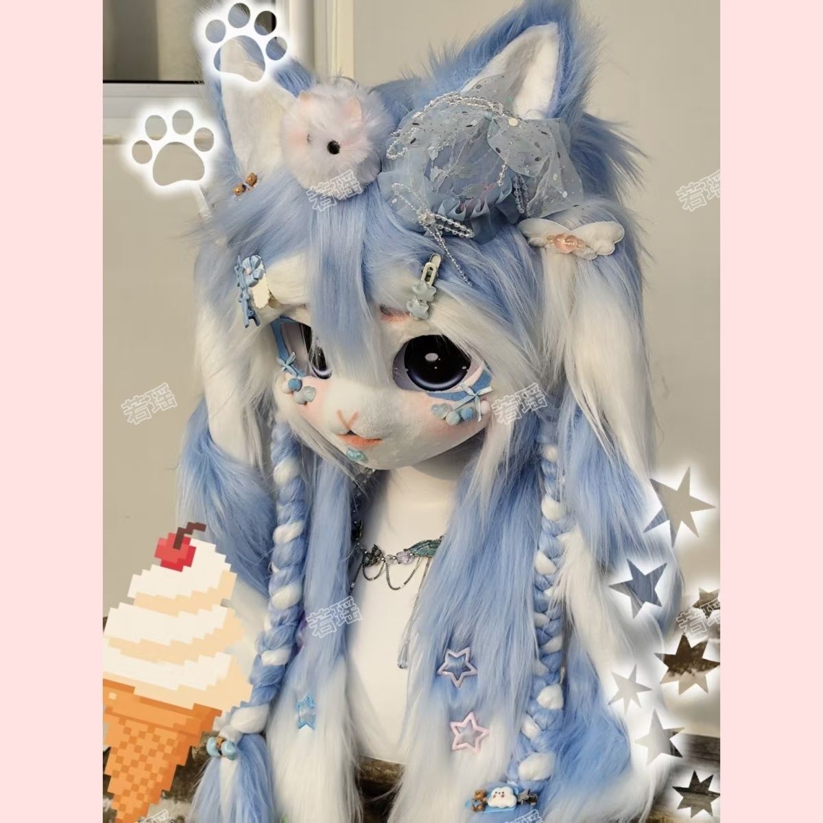 Cosplay Prop Designer - หน้ากากคอสเพลย์ขนสัตว์แบบทำมือ ตกแต่งด้วยลูกไม้ สไตล์โลลิต้า สำหรับงานฮาโลวีน ออกแบบเองได้ตามต้องการ